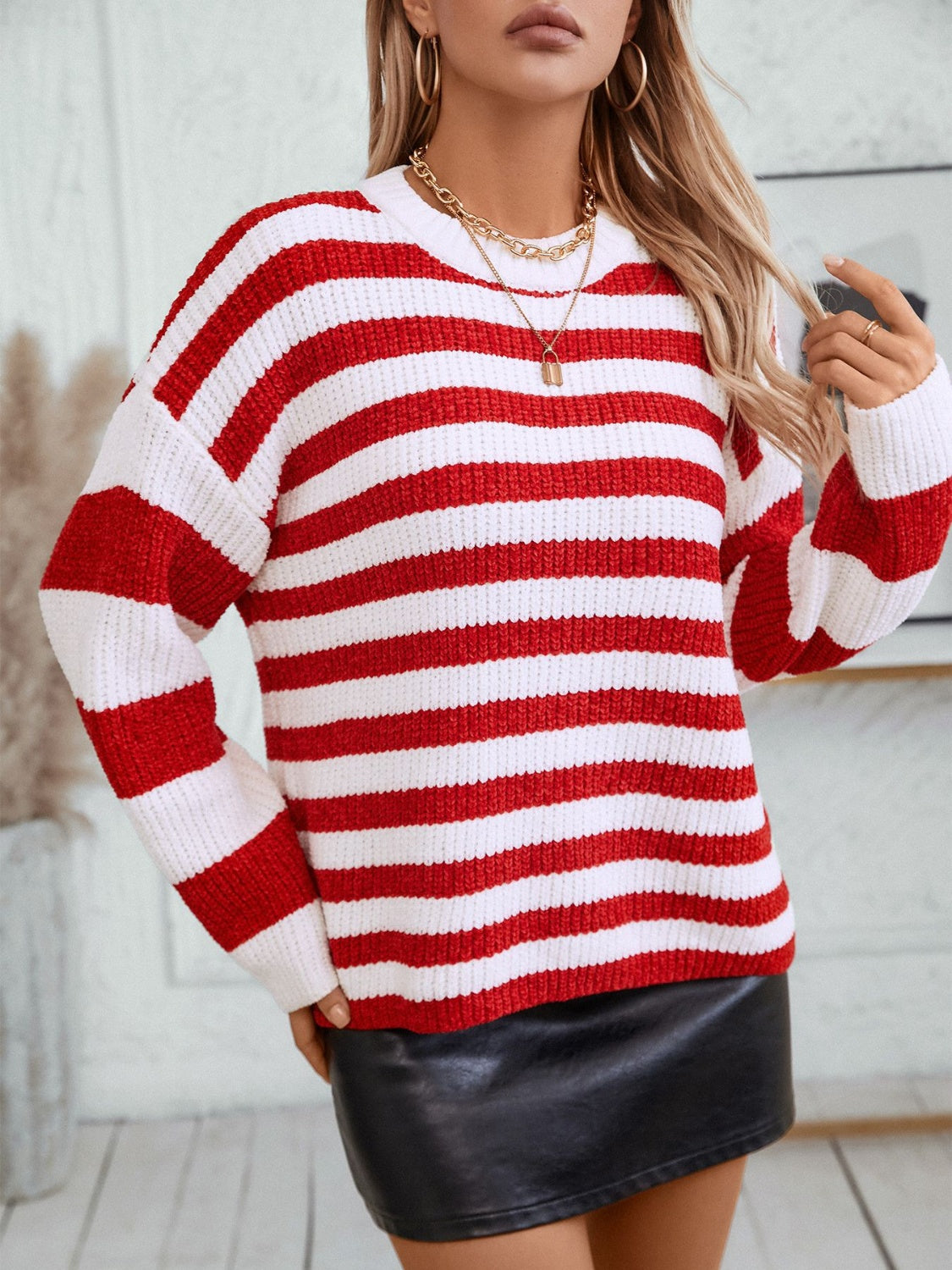 Striped Round Neck Long Sleeve Sweater-Angel Casuals