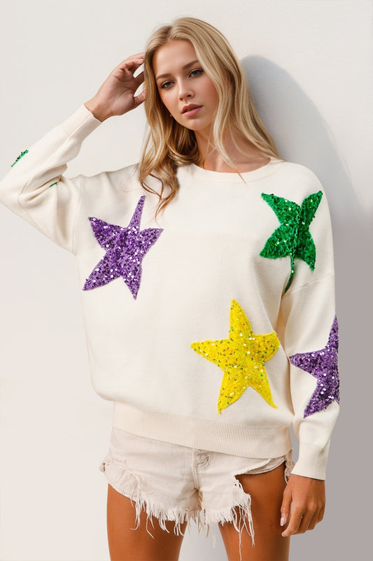 Double Take Sequin Star Round Neck Dropped Shoulder Sweater-Angel Casuals