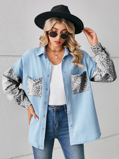 Leopard Button Up Denim Jacket-Angel Casuals