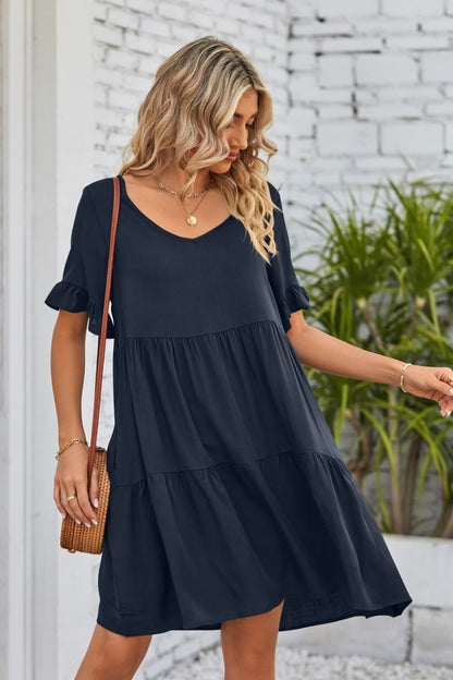 V-Neck Flounce Sleeve Tiered Dress-Angel Casuals