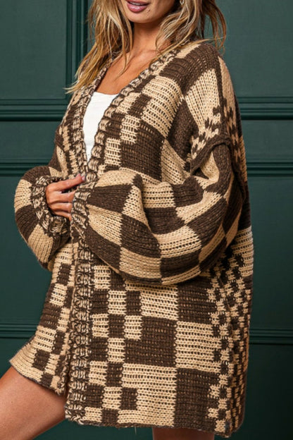 Checkered Open Front Long Sleeve Cardigan-Angel Casuals