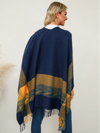 Fringe Contrast Plaid Poncho-Angel Casuals