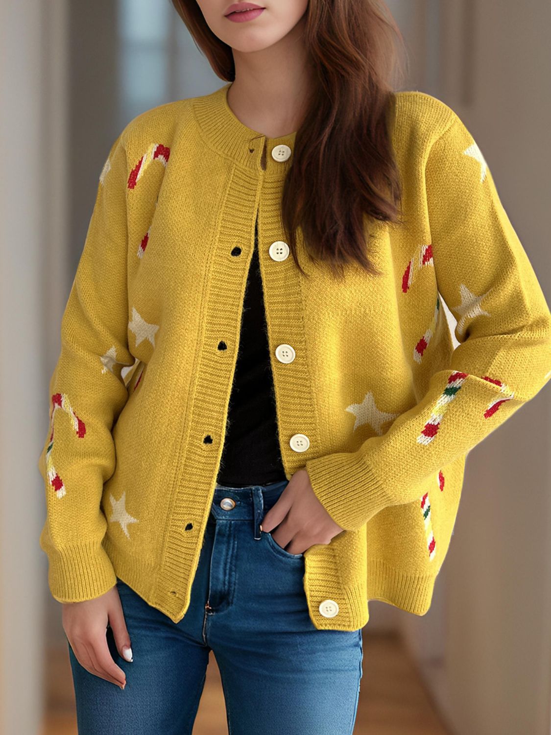Candy Cane & Star Button Down Long Sleeve Cardigan-Angel Casuals