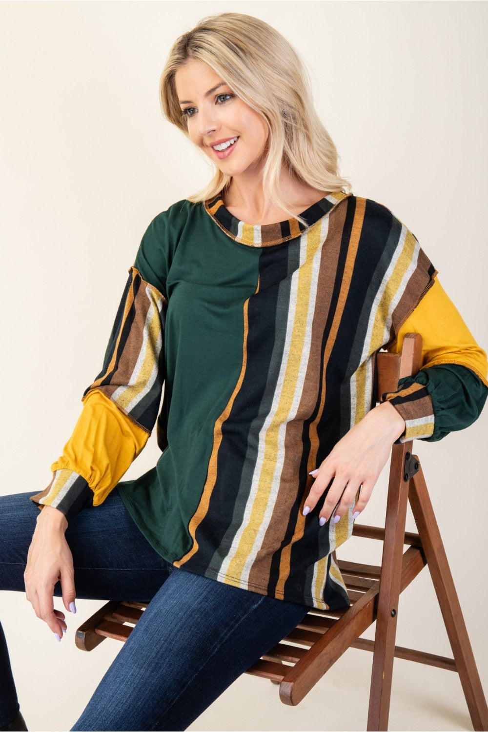 Celeste Full Size Striped Color Block Exposed Seam T-Shirt-Angel Casuals