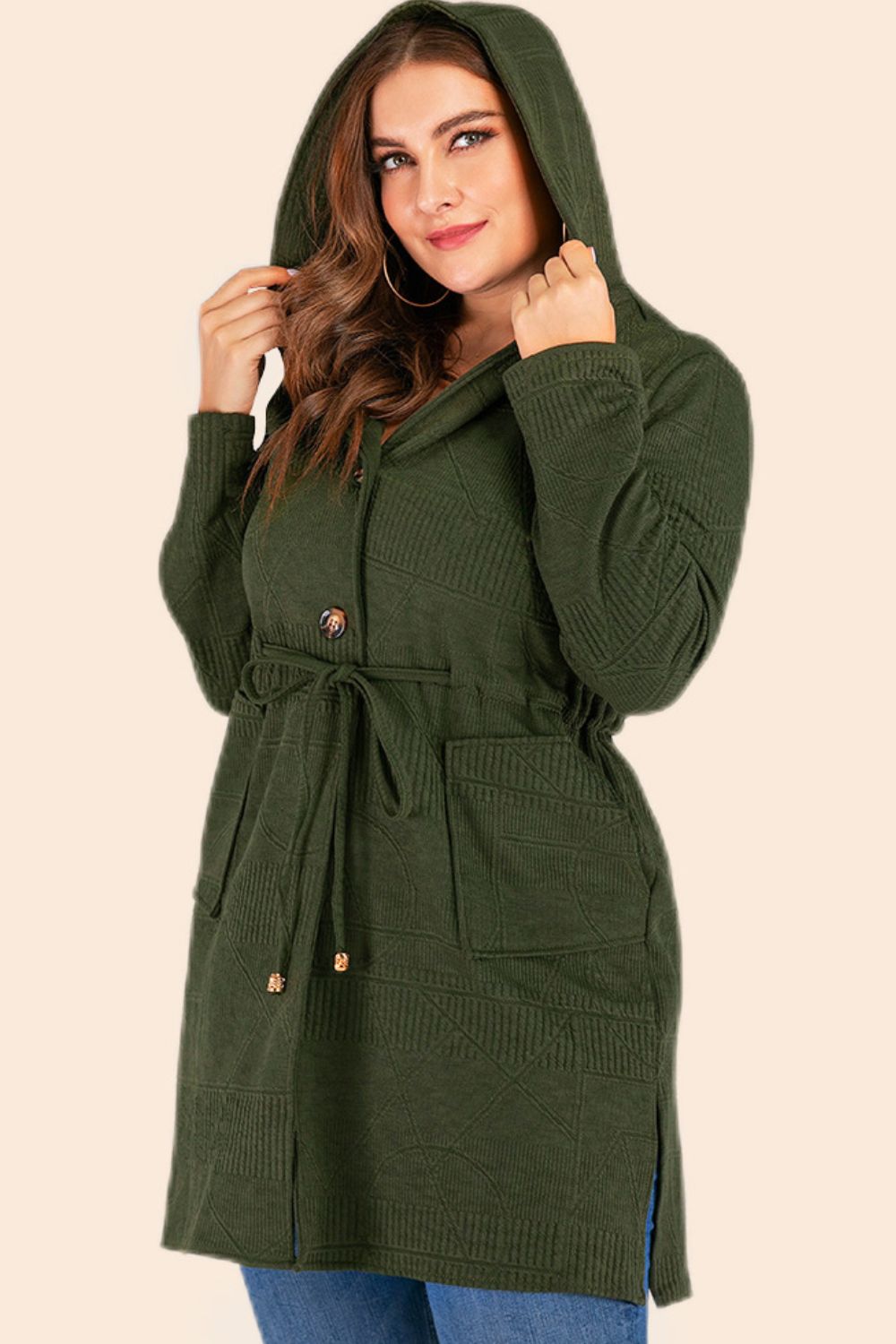 Plus Size Drawstring Waist Hooded Cardigan with Pockets-Angel Casuals