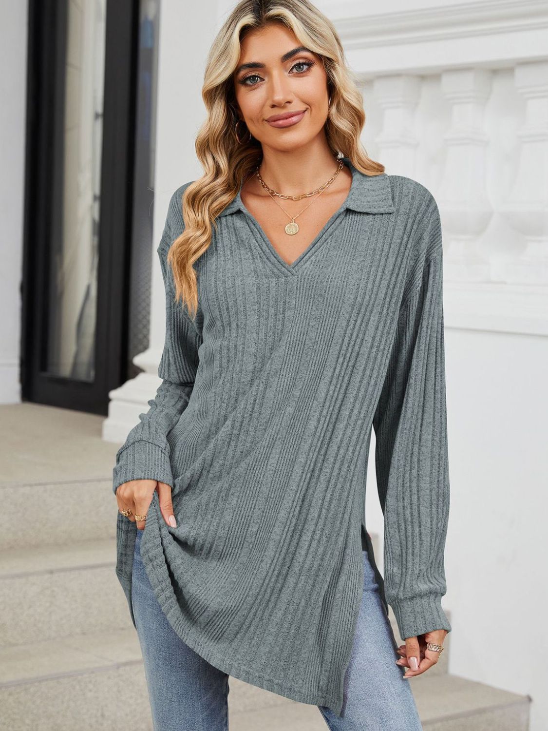 Slit Johnny Collar Long Sleeve T-Shirt-Angel Casuals
