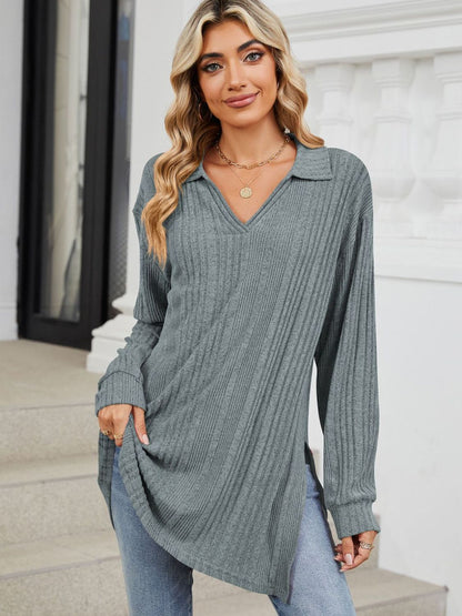 Slit Johnny Collar Long Sleeve T-Shirt-Angel Casuals