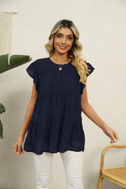 Swiss Dot Round Neck Tiered Blouse-Angel Casuals