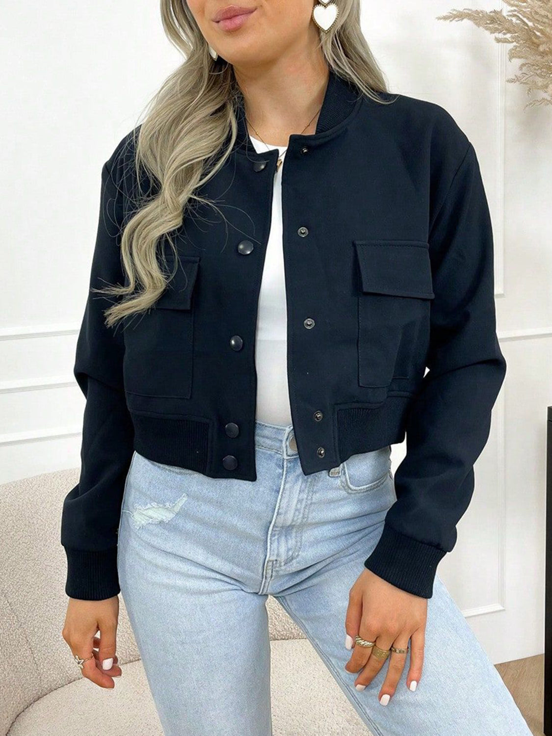 Pocketed Snap Down Baseball Collar Jacket-Angel Casuals