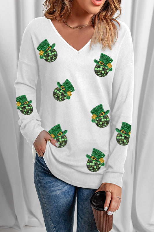 Sequin V-Neck Long Sleeve T-Shirt-Angel Casuals