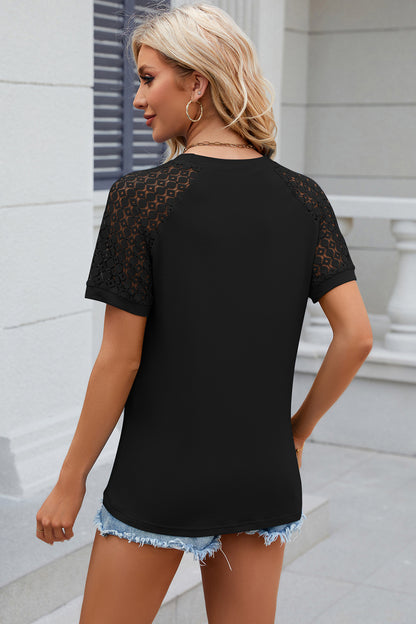 Openwork Round Neck Short Sleeve T-Shirt-Angel Casuals