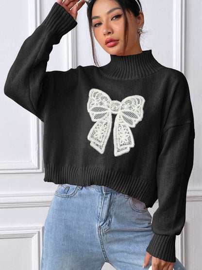 Bow Turtleneck Long Sleeve Sweater-Angel Casuals