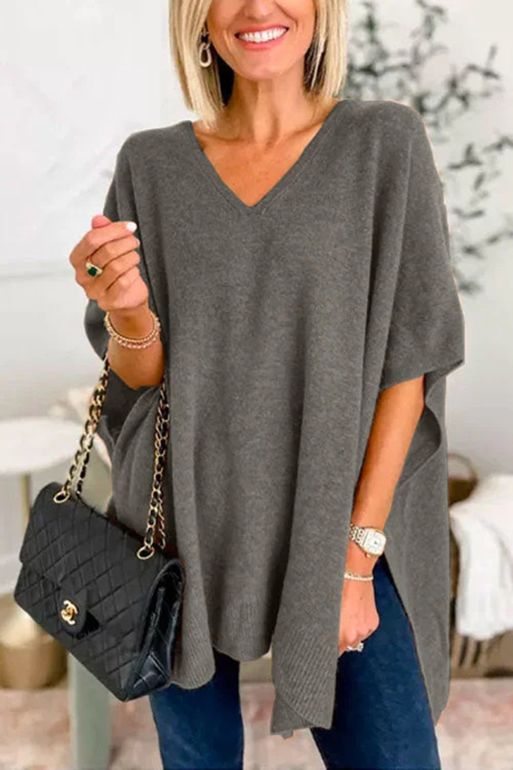 Slit V-Neck Half Sleeve Knit Top-Angel Casuals