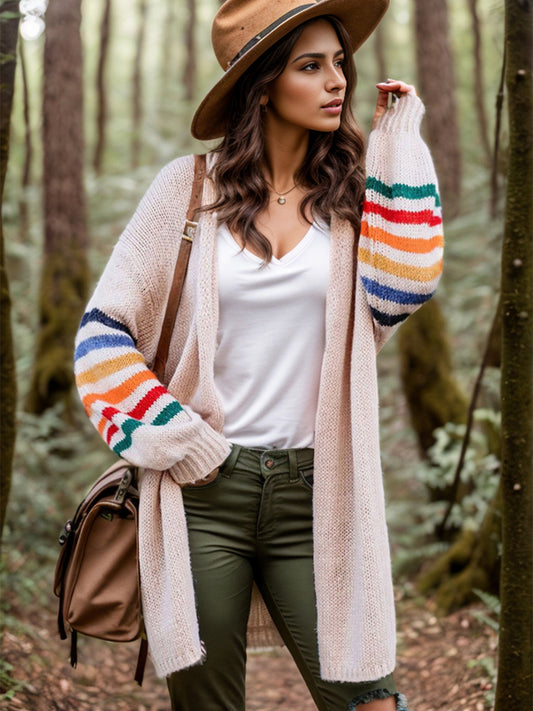 Striped Open Front Long Sleeve Cardigan-Angel Casuals
