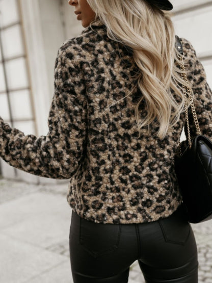 Fuzzy Animal Print Collared Neck Coat-Angel Casuals