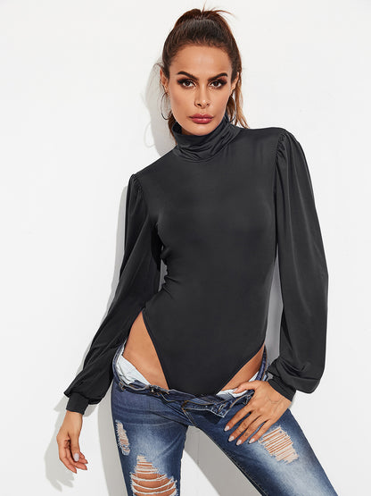 Backless Tie-Waist Turtleneck Lantern Sleeve Bodysuit-Angel Casuals