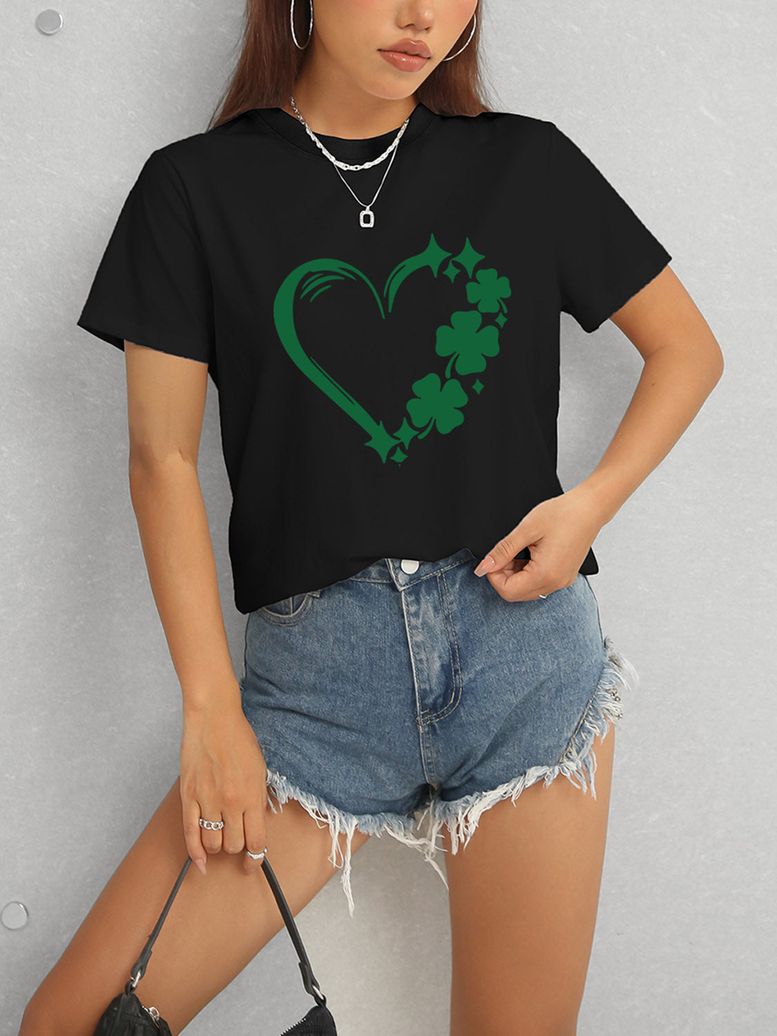 Heart Lucky Clover Round Neck Short Sleeve T-Shirt-Angel Casuals