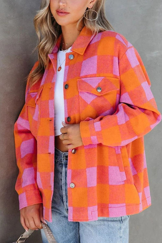 Plaid Collared Neck Button Up Jacket-Angel Casuals