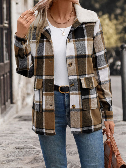 Perfee Pocketed Plaid Button Up Collared Neck Jacket-Angel Casuals