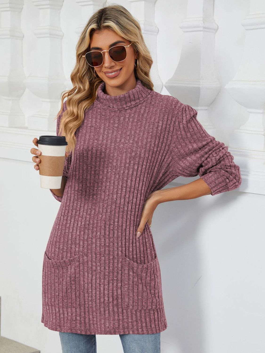 Ribbed Mock Neck Long Sleeve T-Shirt-Angel Casuals