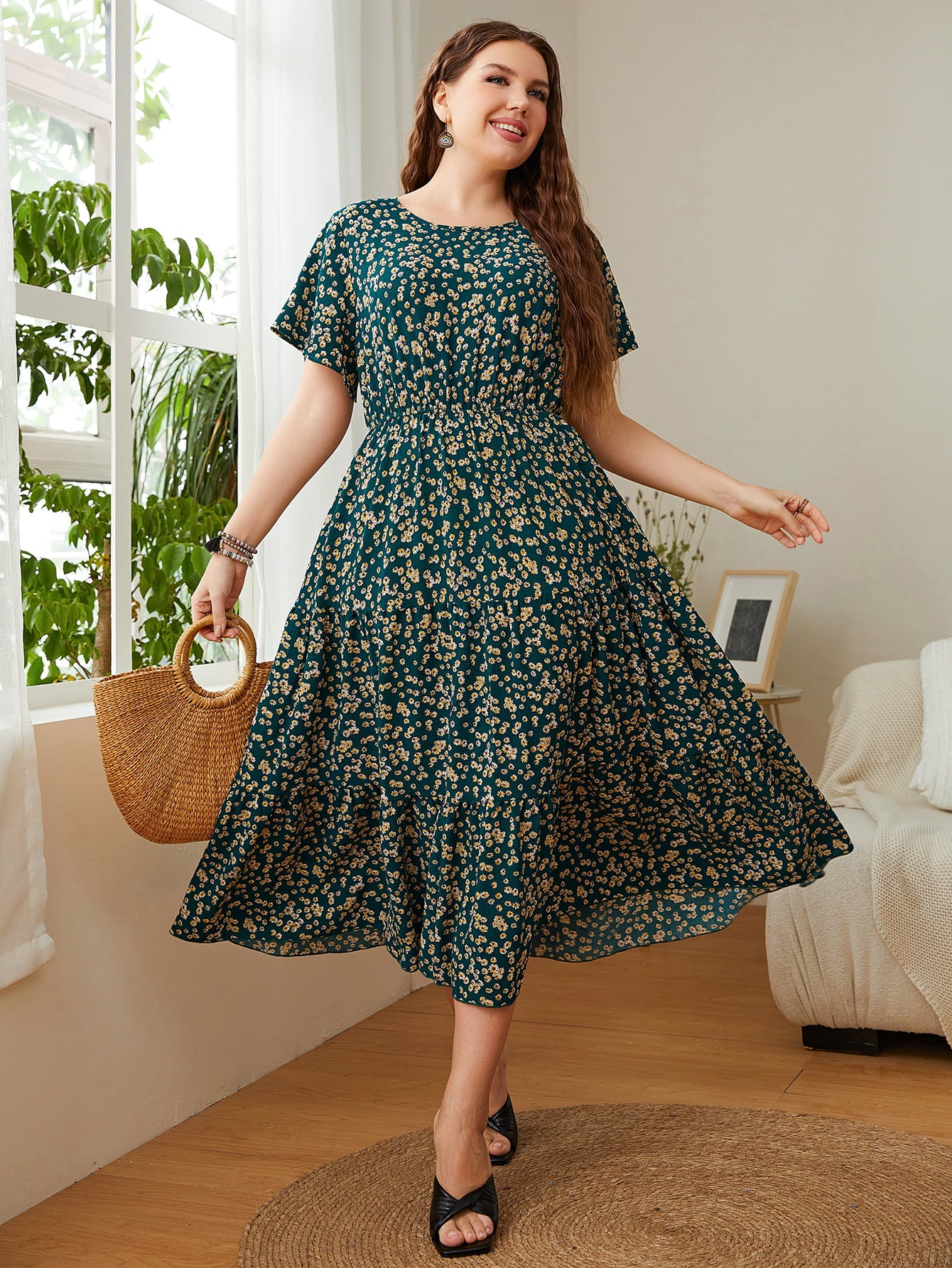 Plus Size Floral Round Neck Short Sleeve Midi Dress-Angel Casuals