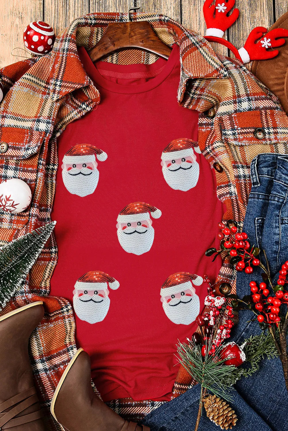 Sequin Santa Round Neck Short Sleeve T-Shirt-Angel Casuals
