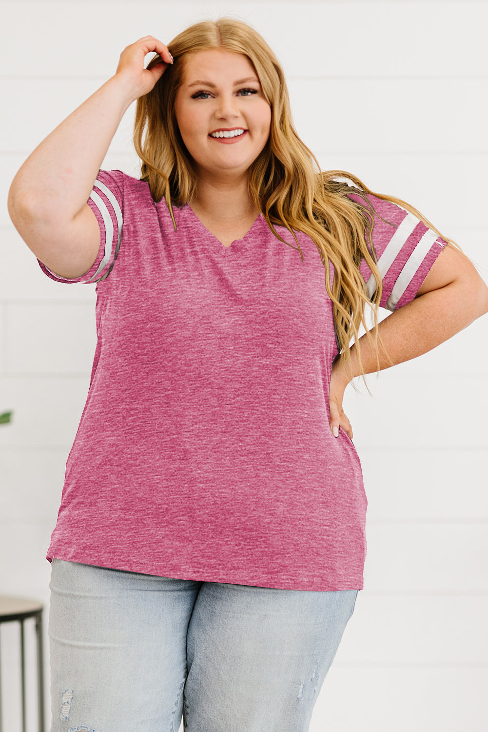 Plus Size Striped V-Neck Tee Shirt-Angel Casuals