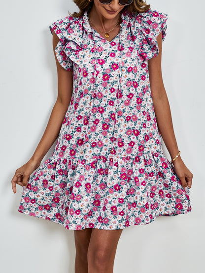 Tied Floral Cap Sleeve Mini Dress-Angel Casuals