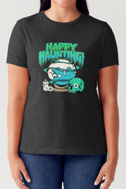 Simply Love Full Size HAPPY HAUNTING Short Sleeve Tubular T-Shirt-Angel Casuals