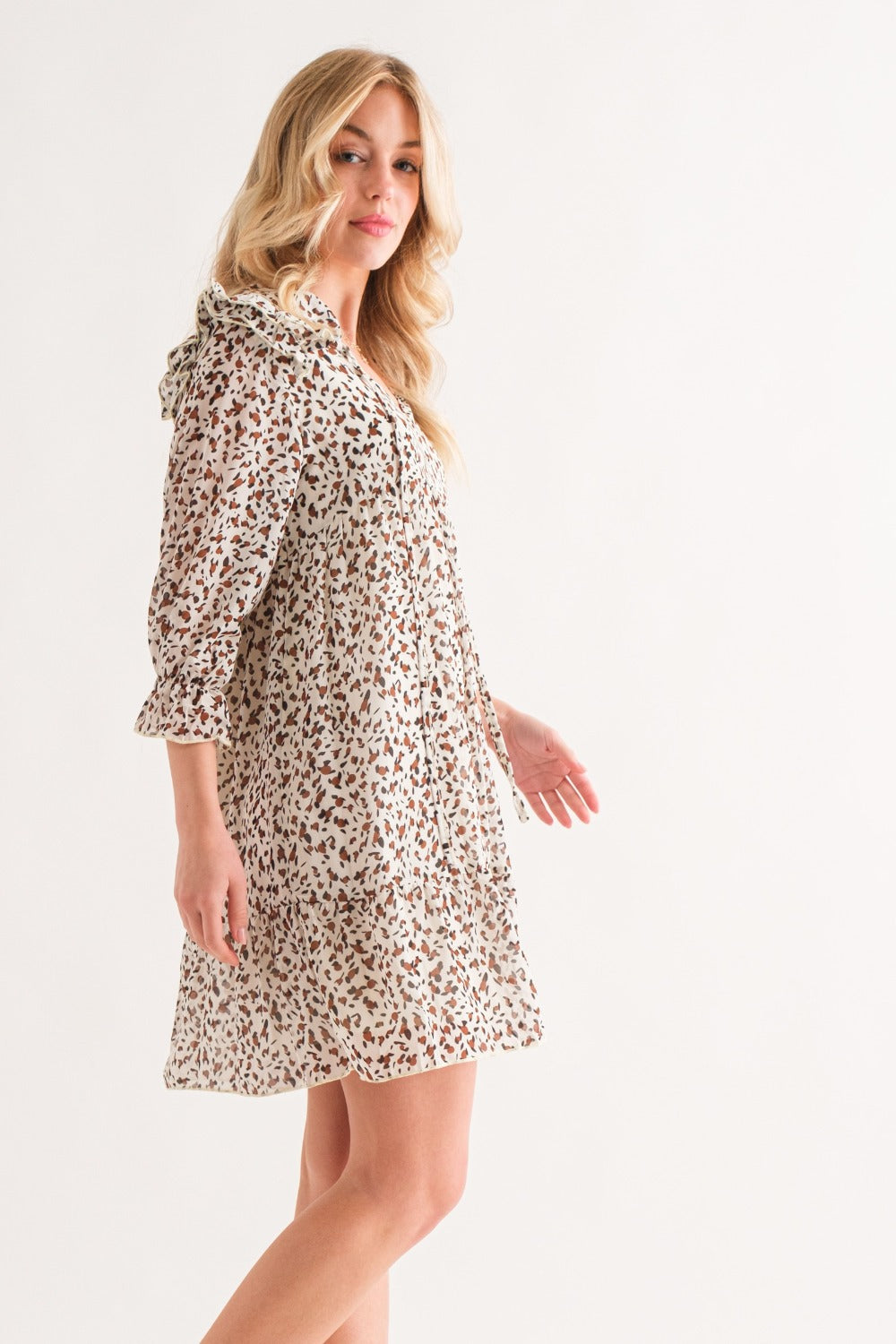 And The Why Leopard Ruffle Hem Woven Mini Dress-Angel Casuals