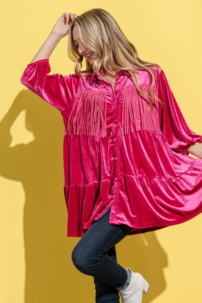 And The Why Fringe Detailed Velvet Shirt Dress-Angel Casuals