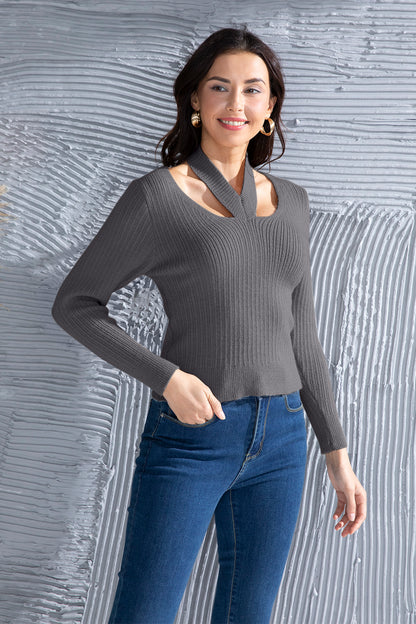 Halter Neck Long Sleeve Sweater-Angel Casuals