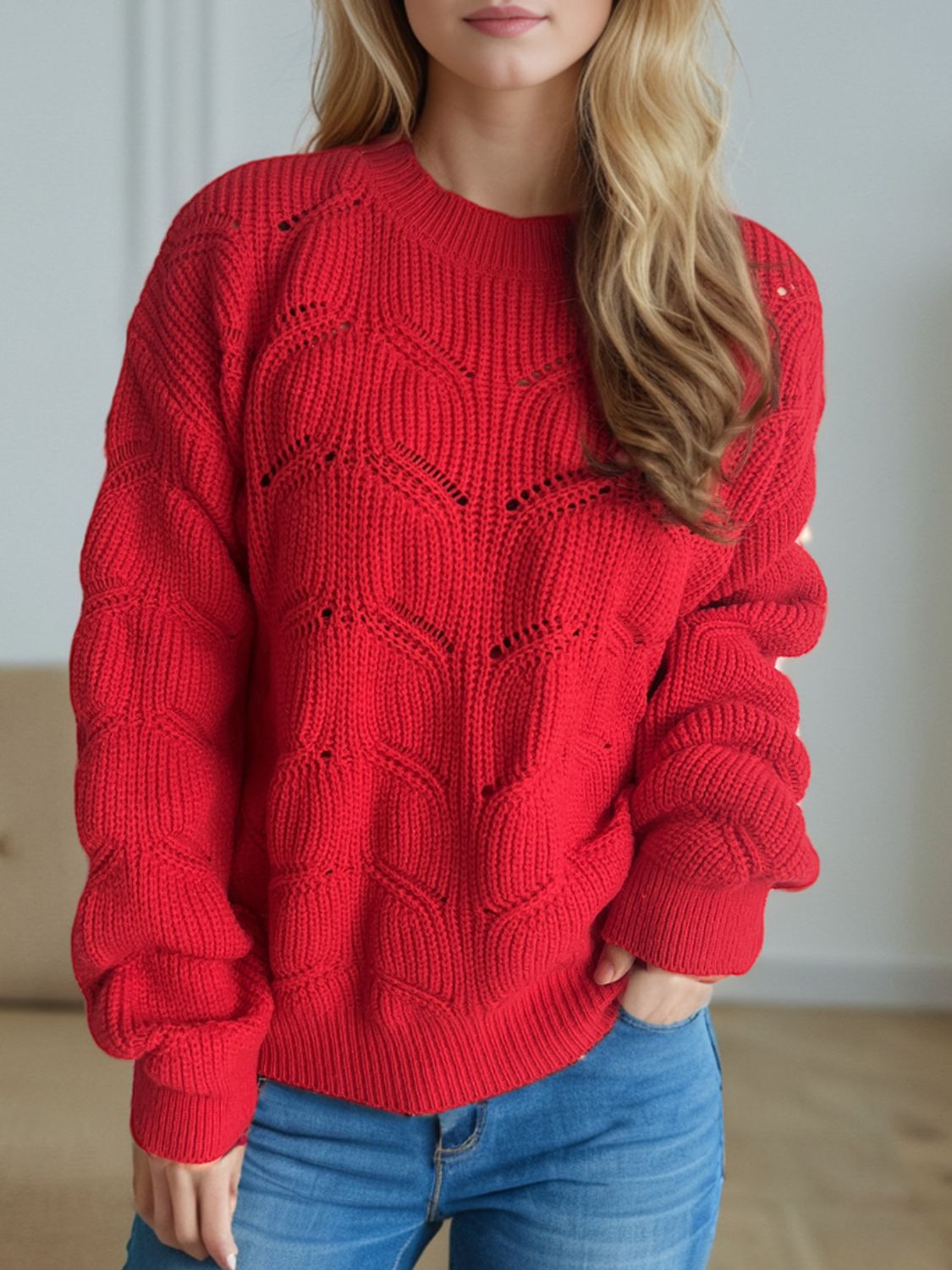 Openwork Round Neck Dropped Shoulder Sweater-Angel Casuals