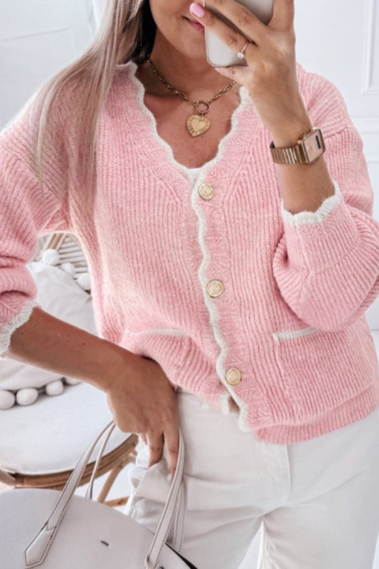 Contrast Trim V-Neck Long Sleeve Cardigan-Angel Casuals