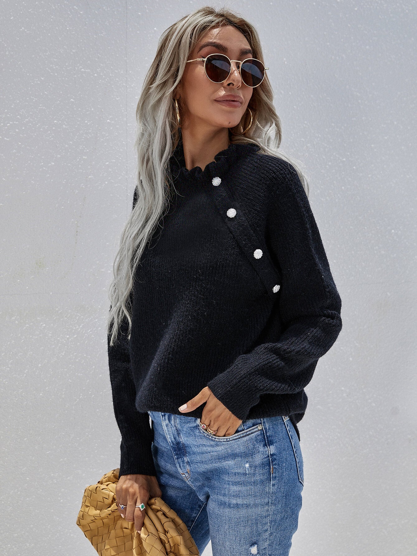 Button Detail Frill Neck Rib-Knit Sweater-Angel Casuals