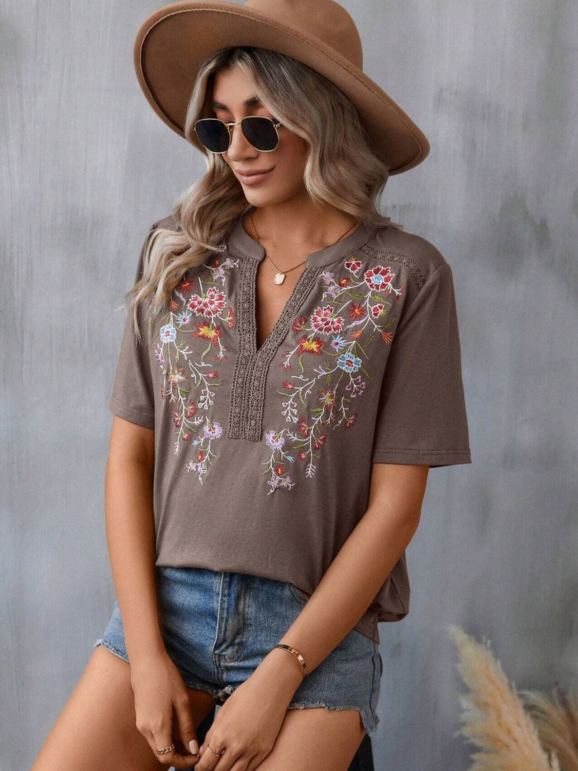 Embroidered Notched Short Sleeve T-Shirt-Angel Casuals