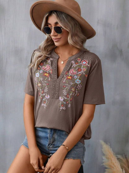 Embroidered Notched Short Sleeve T-Shirt-Angel Casuals