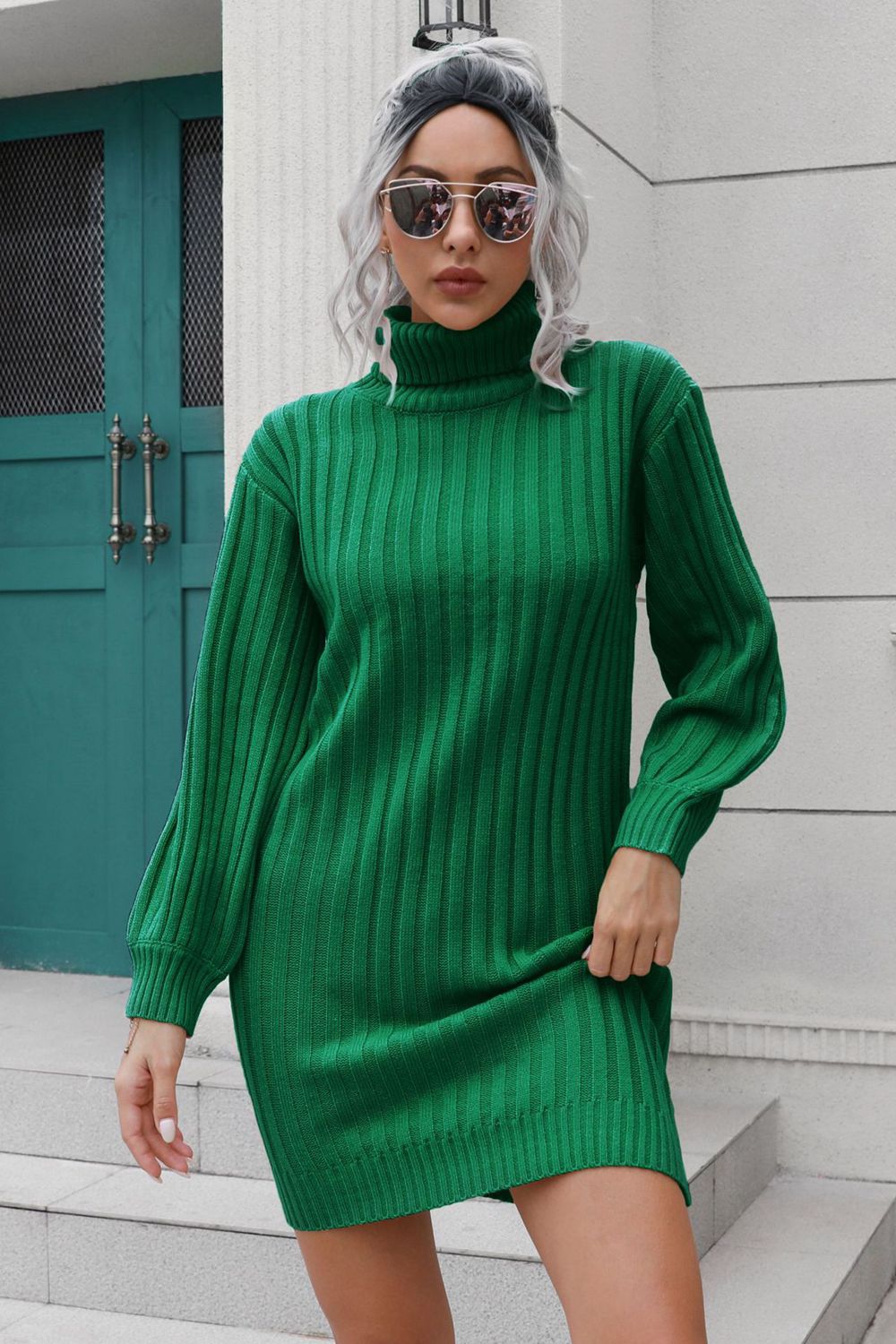 Ribbed Turtle Neck Long Sleeve Mini Sweater Dress-Angel Casuals