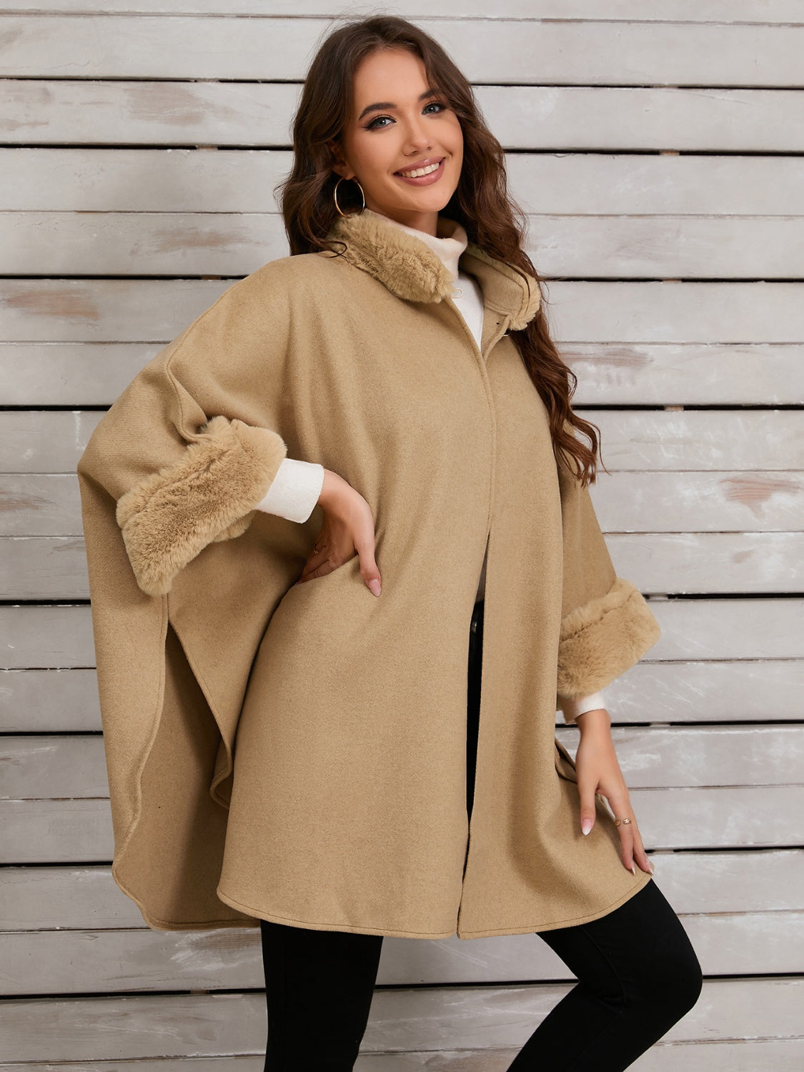 Fuzzy Trim Long Sleeve Poncho-Angel Casuals