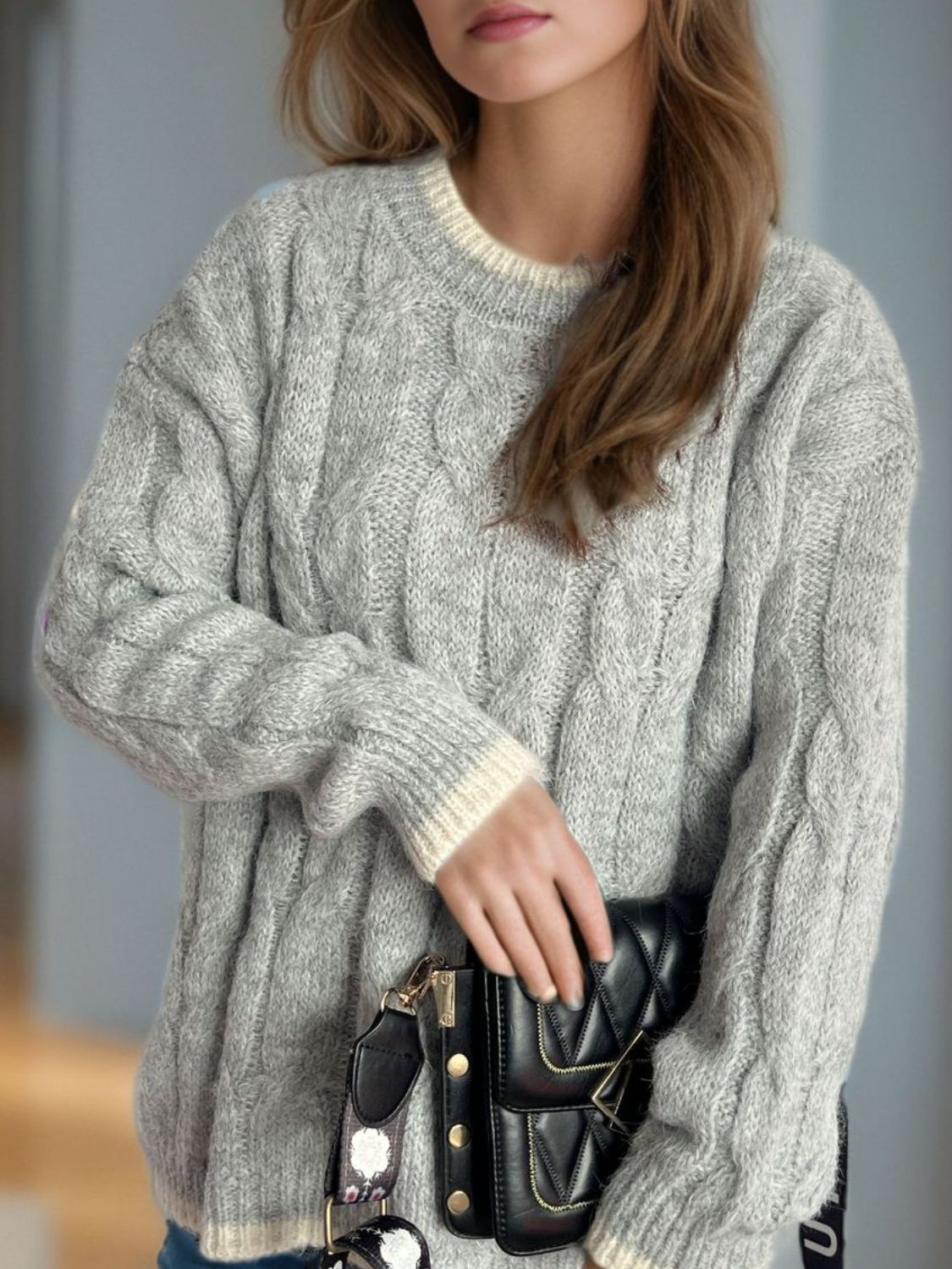 Cable Knit Round Neck Long Sleeve Sweater-Angel Casuals