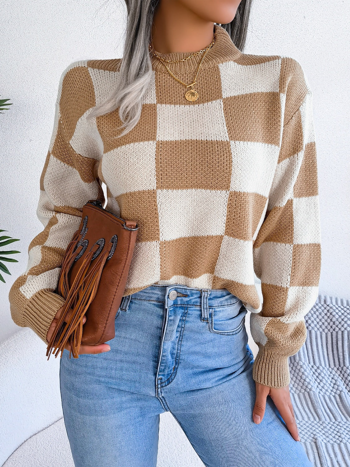 Checkered Mock Neck Long Sleeve Sweater-Angel Casuals