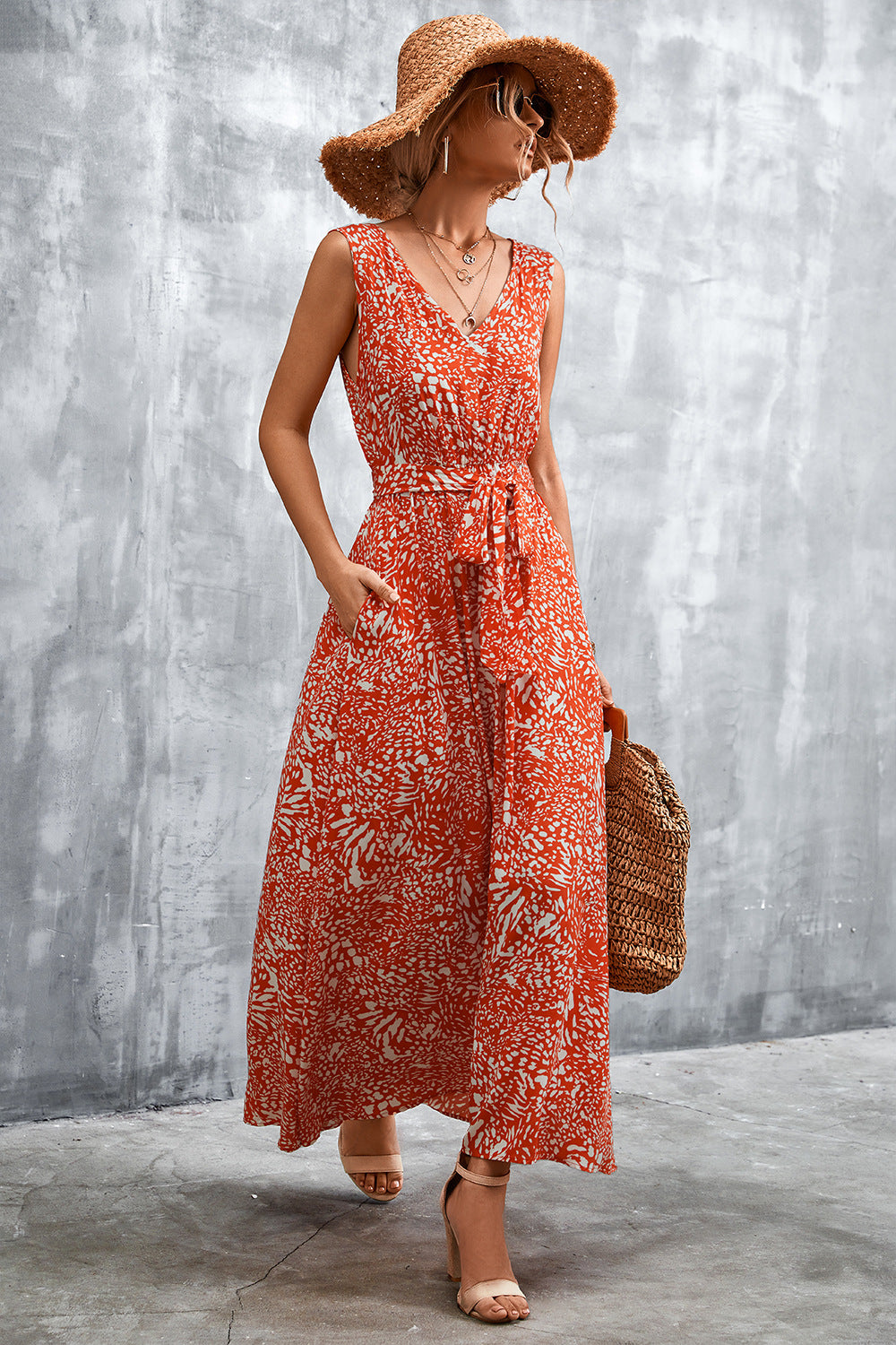 Printed V-Neck Tie Waist Maxi Dress-Angel Casuals