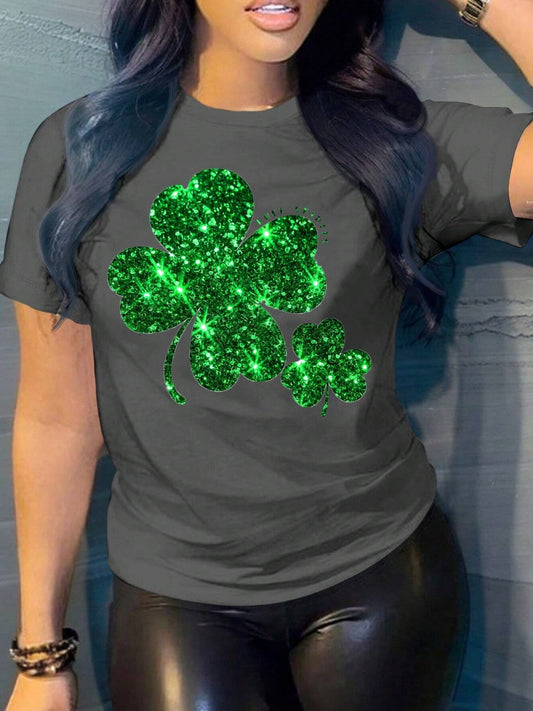 Lucky Clover Round Neck Short Sleeve T-Shirt-Angel Casuals