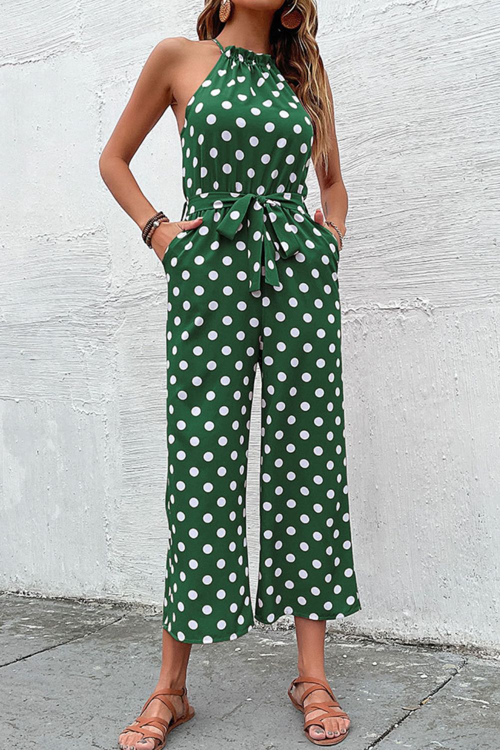 Polka Dot Grecian Wide Leg Jumpsuit-Angel Casuals