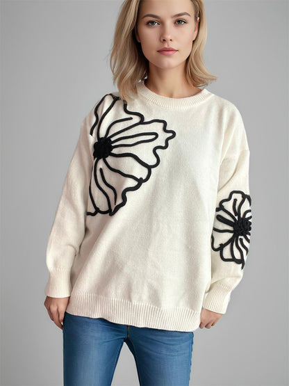 Flower Round Neck Long Sleeve Sweater-Angel Casuals