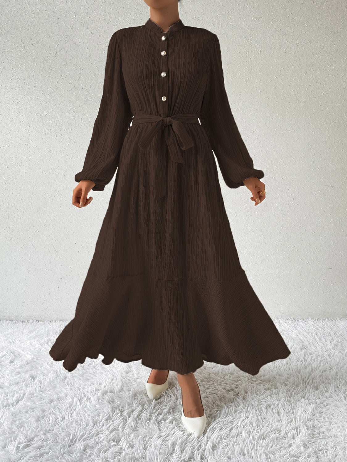 Tie Waist Long Sleeve Dress-Angel Casuals