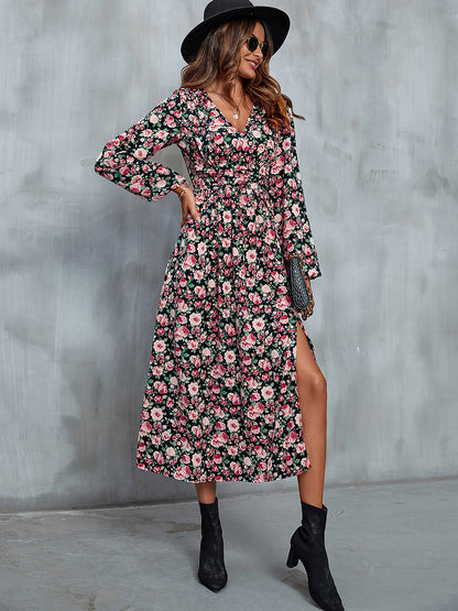 Floral V-Neck Slit Midi Dress-Angel Casuals