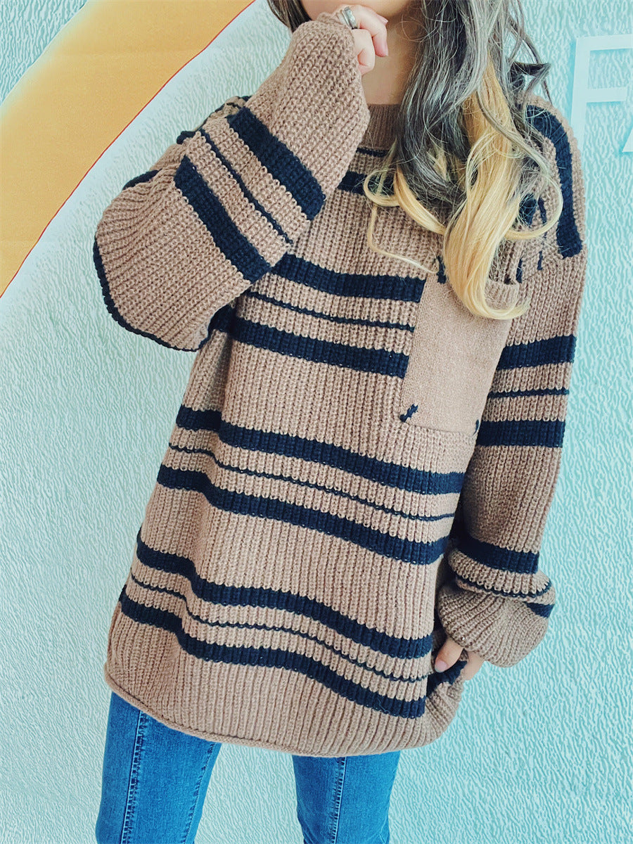 Striped Round Neck Long Sleeve Sweater-Angel Casuals