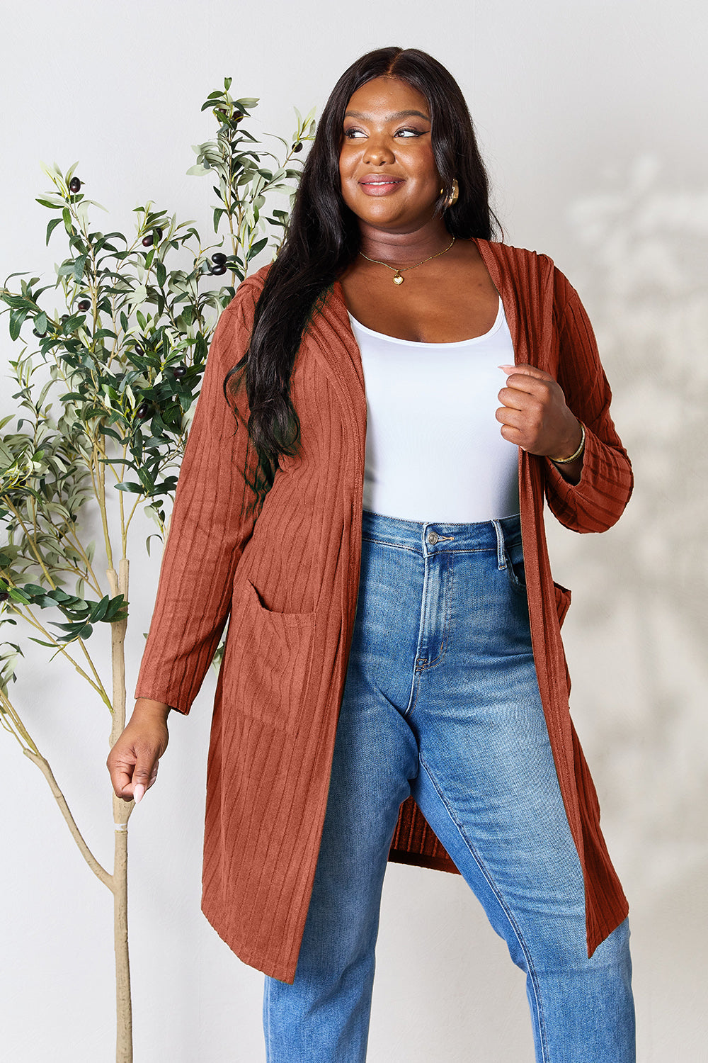 Basic Bae Full Size Hooded Sweater Cardigan-Angel Casuals