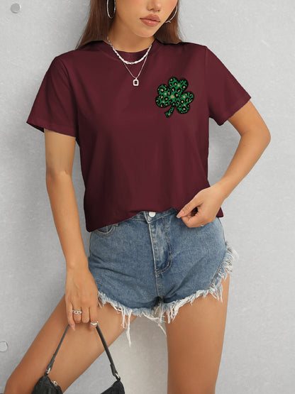 Lucky Clover Round Neck Short Sleeve T-Shirt-Angel Casuals